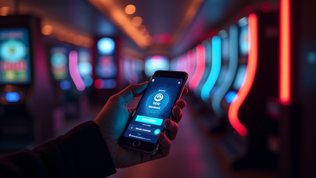 Smartfon z ekranem pobierania aplikacji kasynowej w ciemnym neonowym otoczeniu
